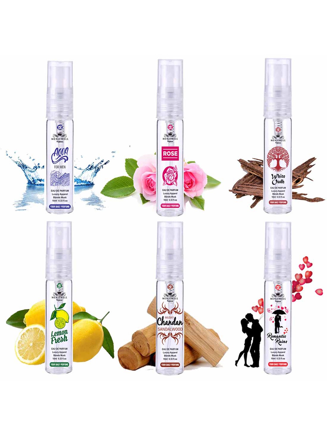 

Menjewell Perfumes Men Set of 6 Fine Fragrance Eau De Perfume 10 ml each, Transparent