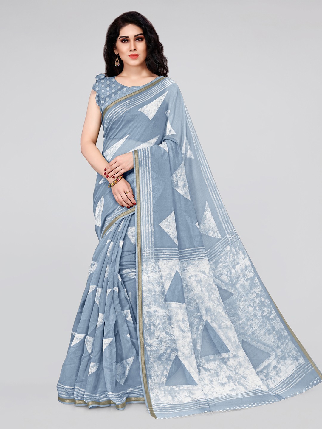 

KALINI Grey & White Zari Cotton Saree