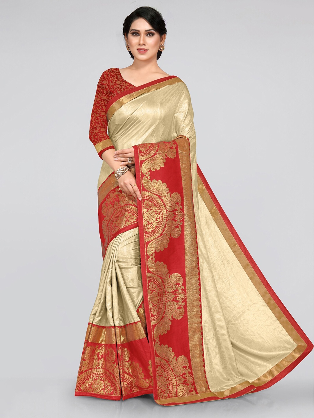 

KALINI Beige & Red Woven Design Zari Silk Blend Saree