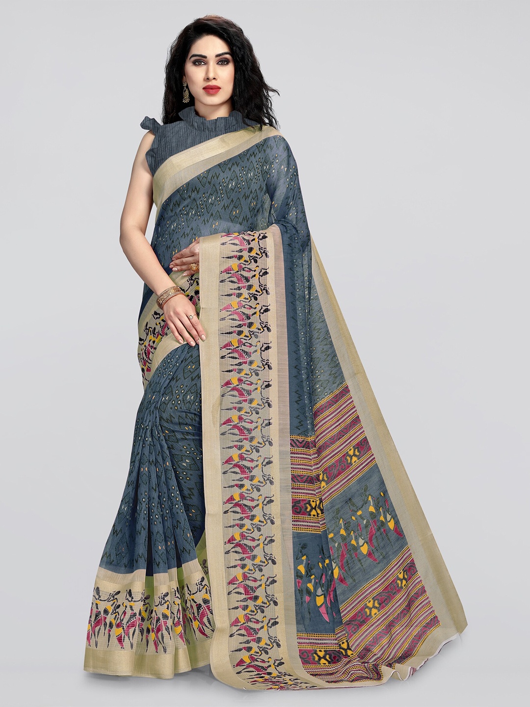 

KALINI Grey & Pink Ethnic Motifs Zari Ikat Saree