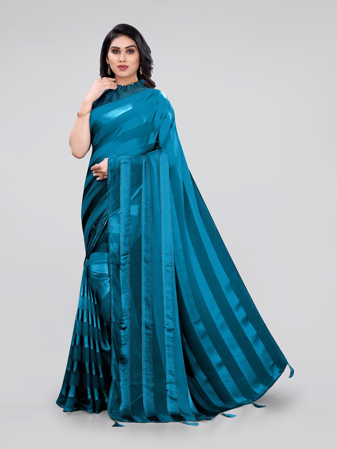 

KALINI Turquoise Blue Leheriya Beads and Stones Satin Leheriya Saree