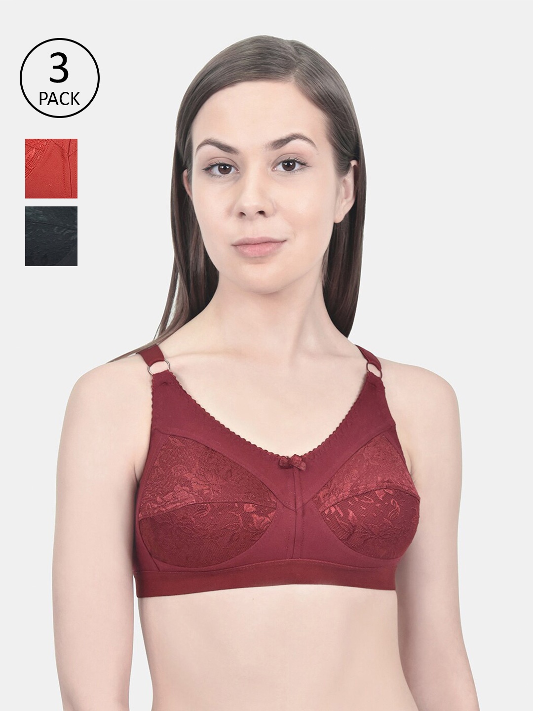 

Innocence Women Pack Of 3 Non Padded Non Wired Everyday Bra, Red