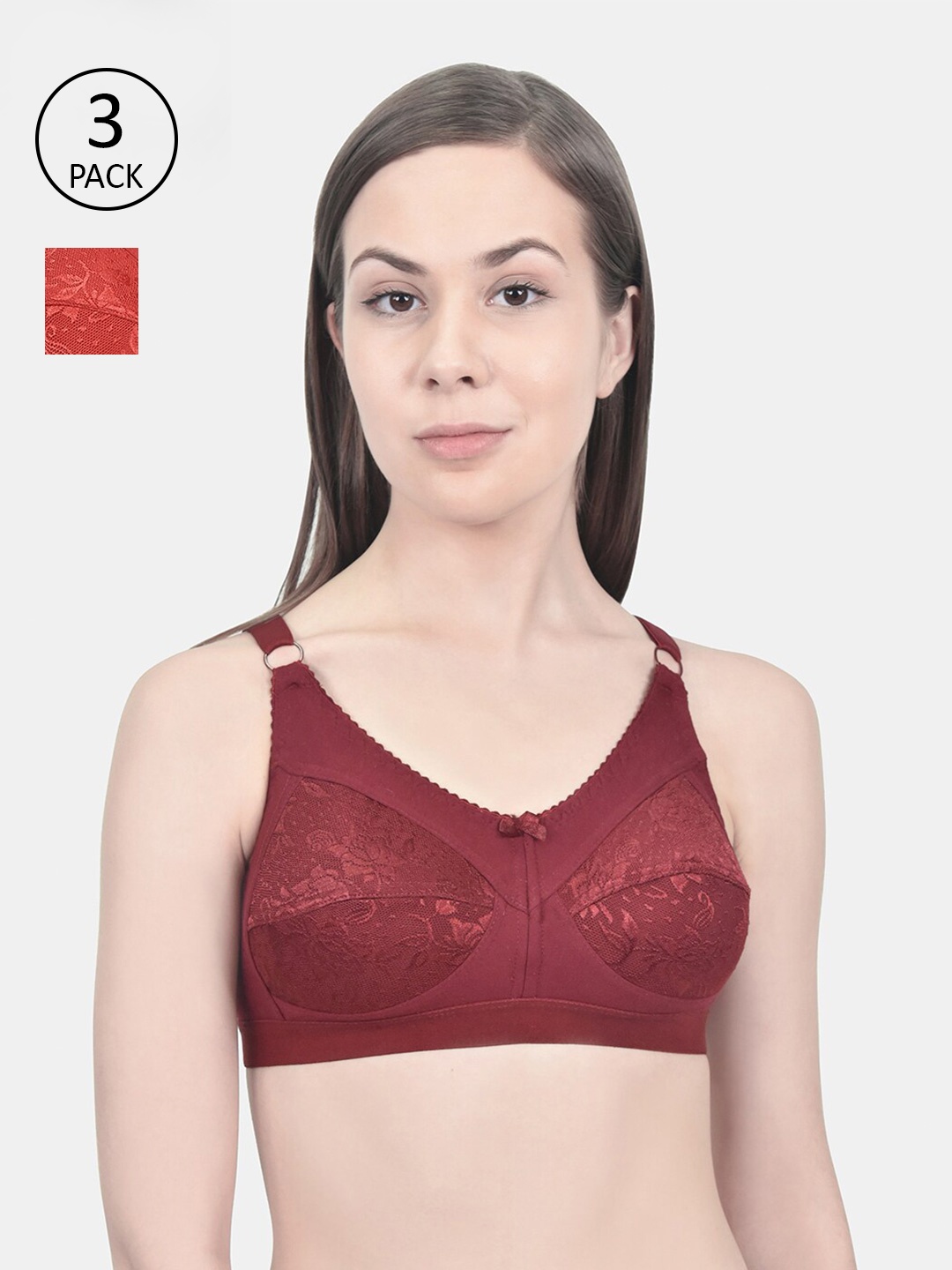 

Innocence Pack Of 3 Red & Maroon Floral Bra
