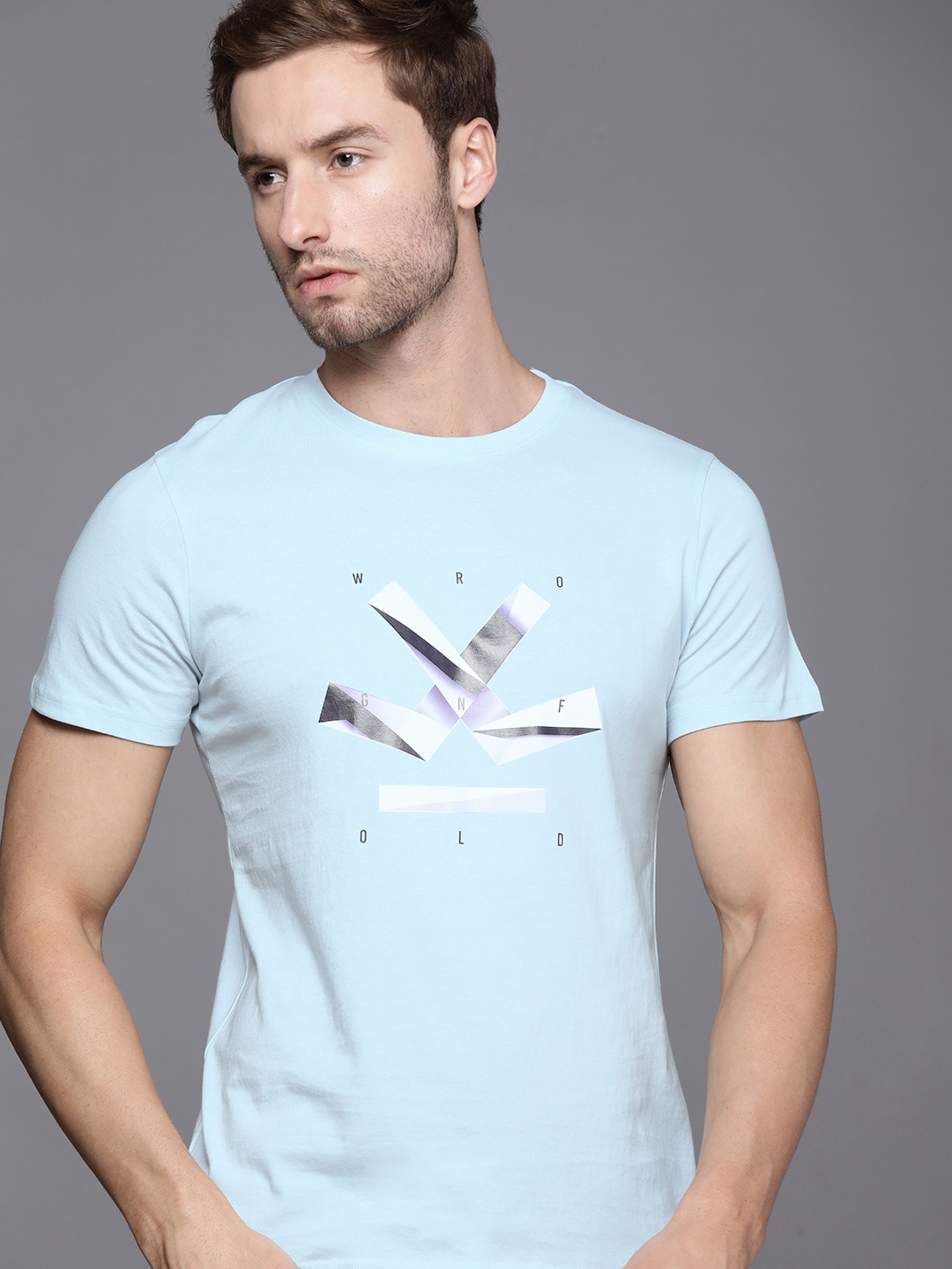 

WROGN Men Blue Brand Logo Printed Slim Fit Pure Cotton T-shirt