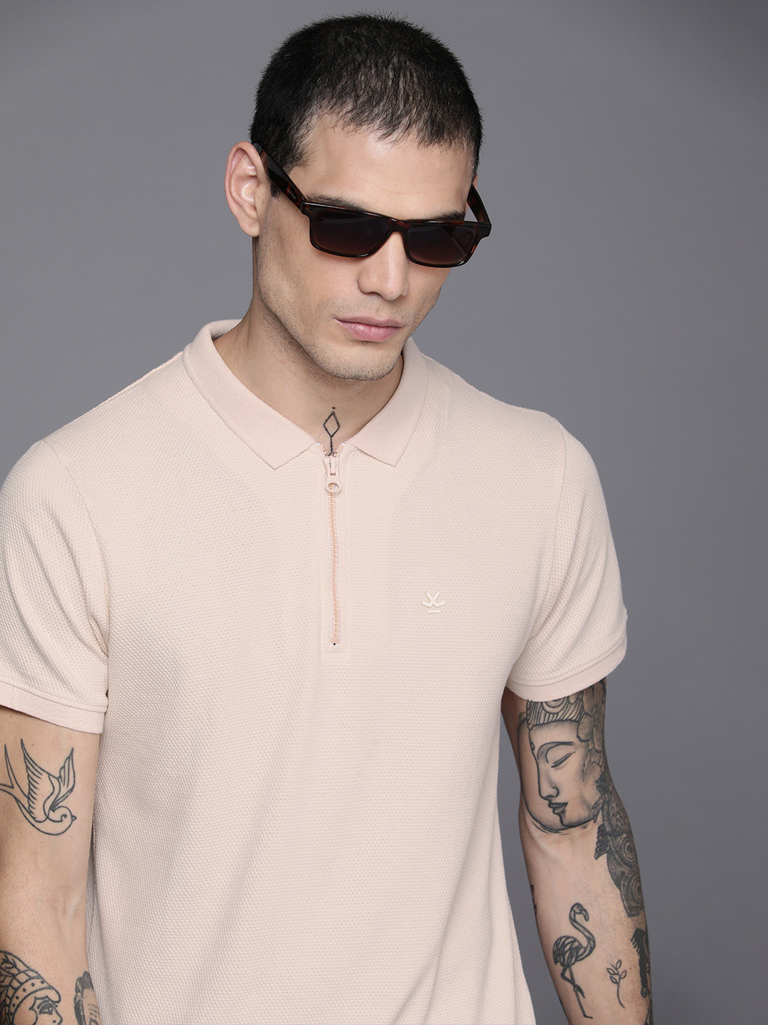 

WROGN Men Peach-Coloured Self Design Polo Collar Slim Fit T-shirt