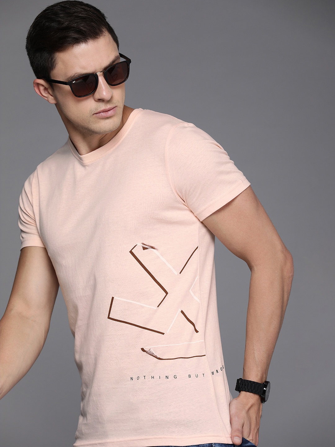 

WROGN Men Pink & Brown Slim Fit Brand Logo Printed T-shirt