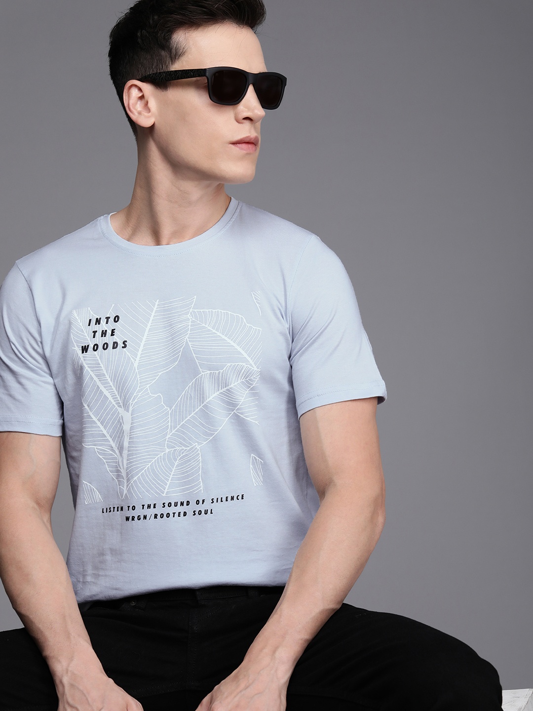 

WROGN Men Blue & Black Typography Printed Pure Cotton T-shirt