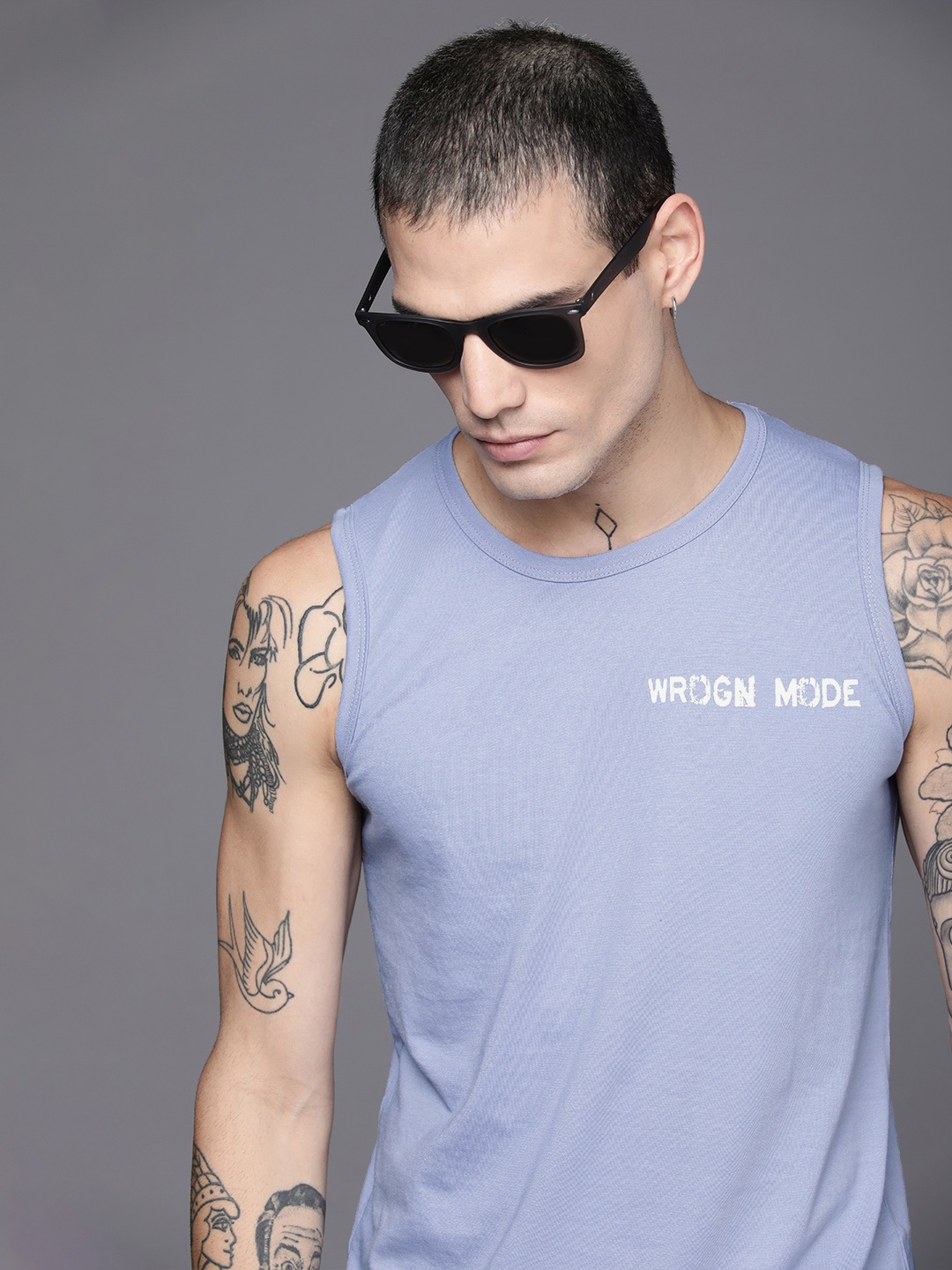 

WROGN Men Blue Brand Logo Printed Sleevless T-shirt