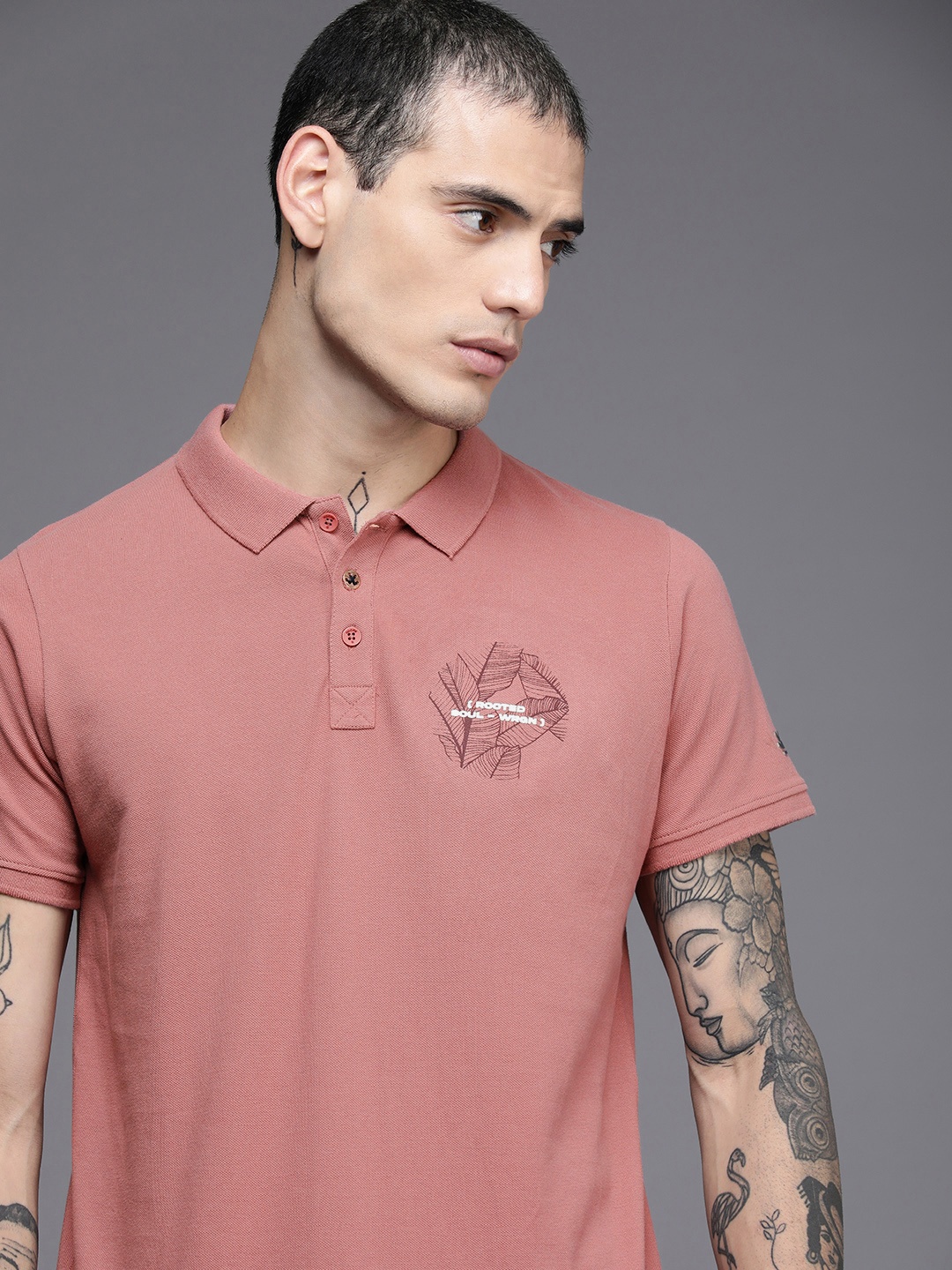 

WROGN Men Rose Graphic Printed Polo Collar Pure Cotton Applique Slim Fit T-shirt