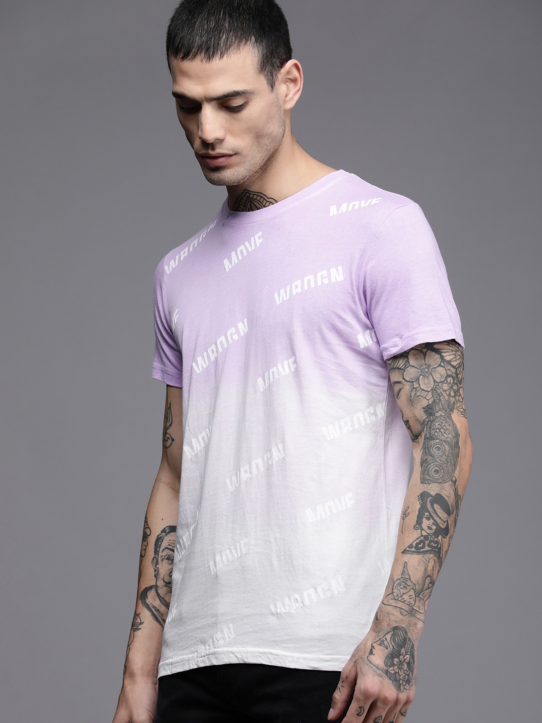 

WROGN Men Lavender & White Brand Logo Printed Pure Cotton Slim Fit T-shirt