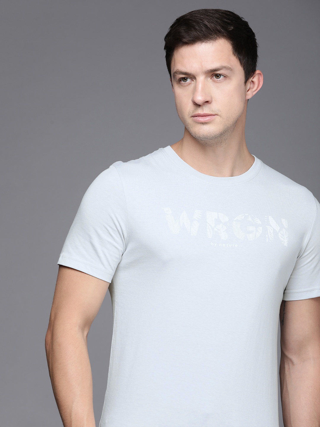 

WROGN Men Grey Brand Logo Printed Slim Fit Casual T-shirt