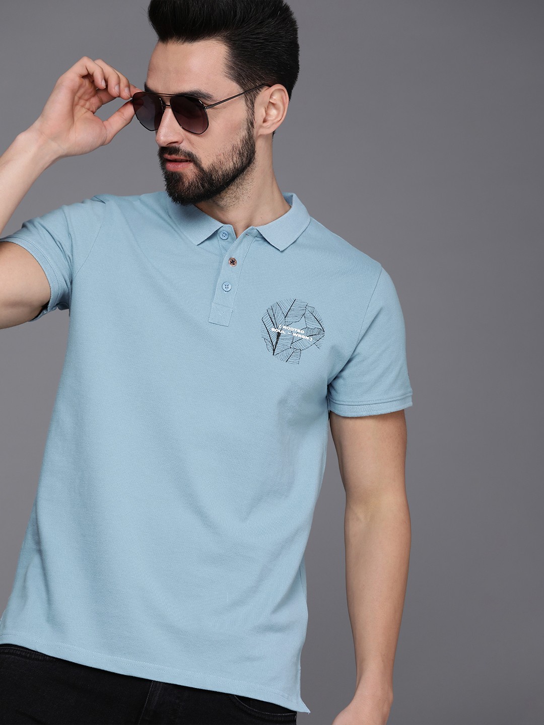 

WROGN Men Blue Slim Fit Pure Cotton Polo Collar T-shirt with Printed Detail