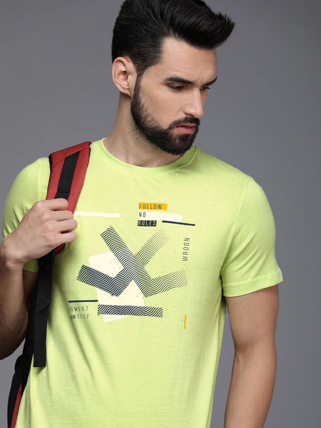 

WROGN Men Lime Green & Blue Brand Logo Printed Pure Cotton T-shirt