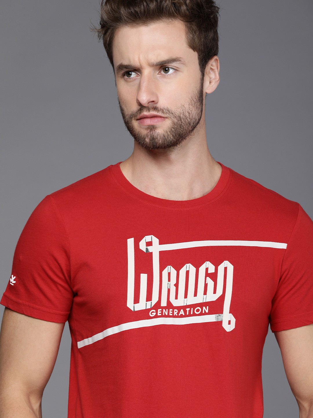 

WROGN Men Red Brand Logo Printed Pure Cotton Slim Fit T-shirt