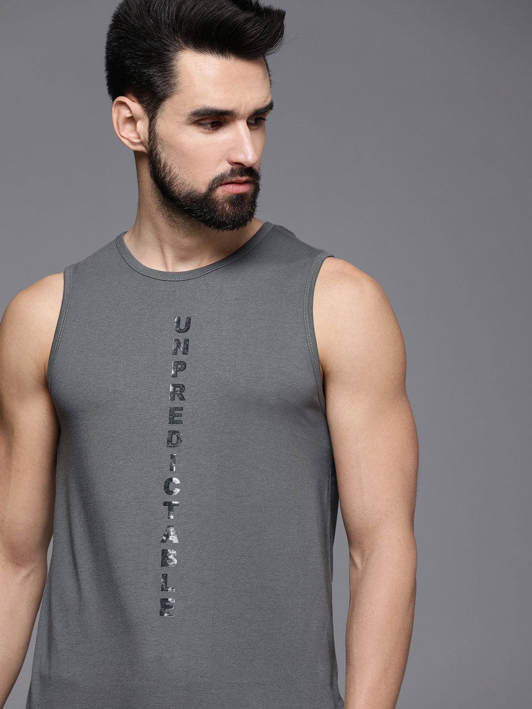 

WROGN Men Grey Typography Printed Applique Sleeveless Casual T-shirt