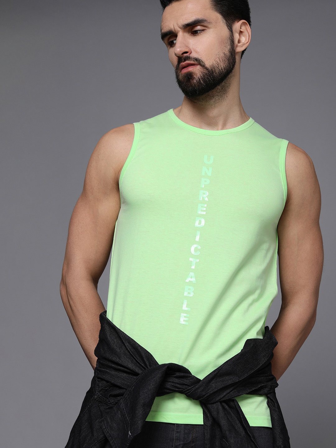 

WROGN Men Light Green Typography Printed Applique Sleeveless Casual T-shirt