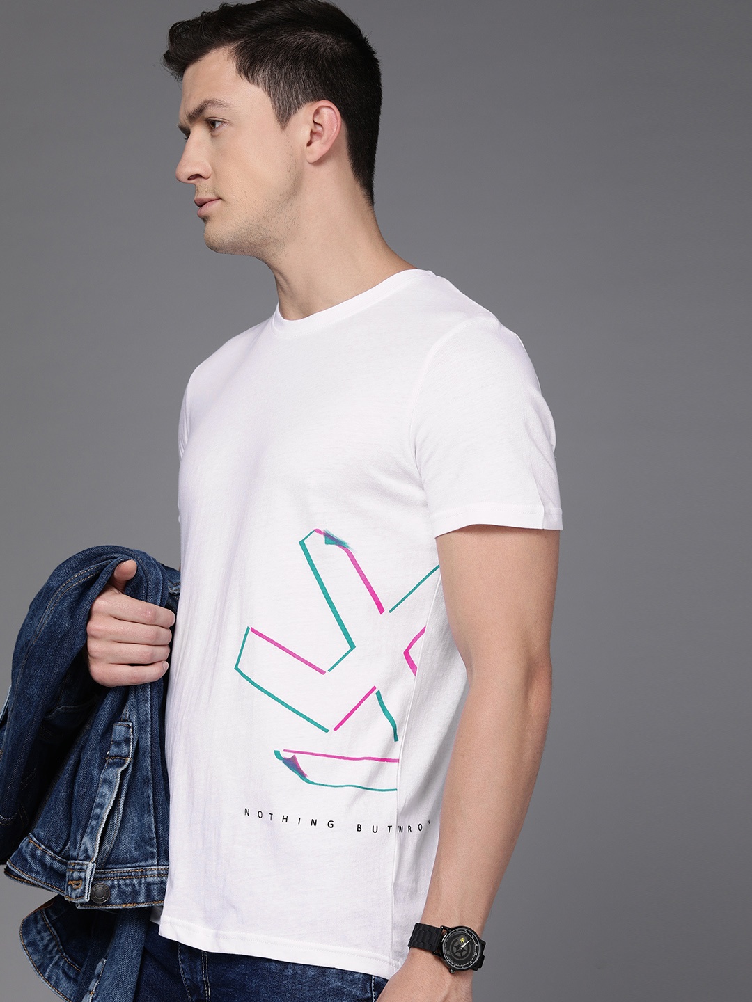 

WROGN Men White & Blue Brand Logo Printed T-shirt