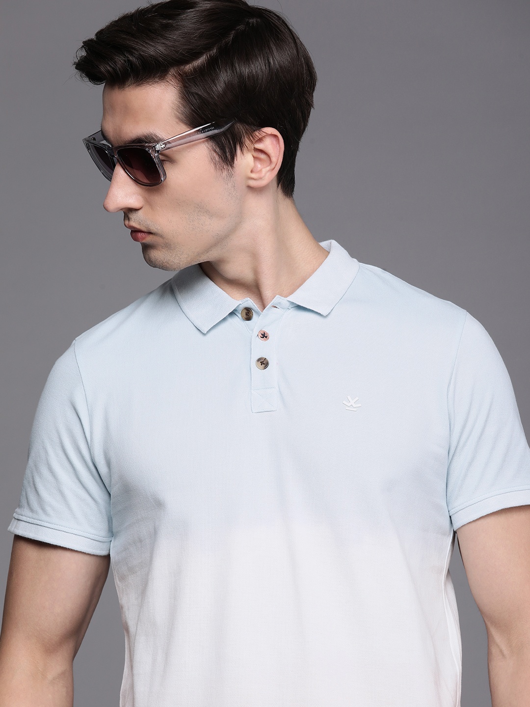 

WROGN Men Blue & White Colourblocked Polo Collar Slim Fit Pure Cotton Casual T-shirt