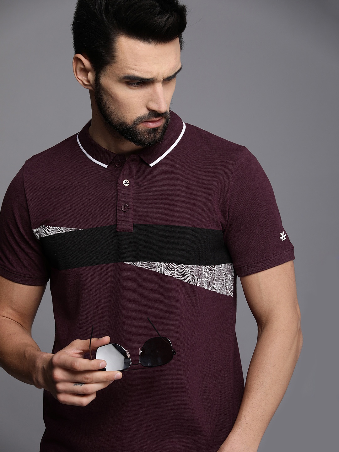 

WROGN Men Maroon & Black Colourblocked Polo Collar Slim Fit Pure Cotton T-shirt