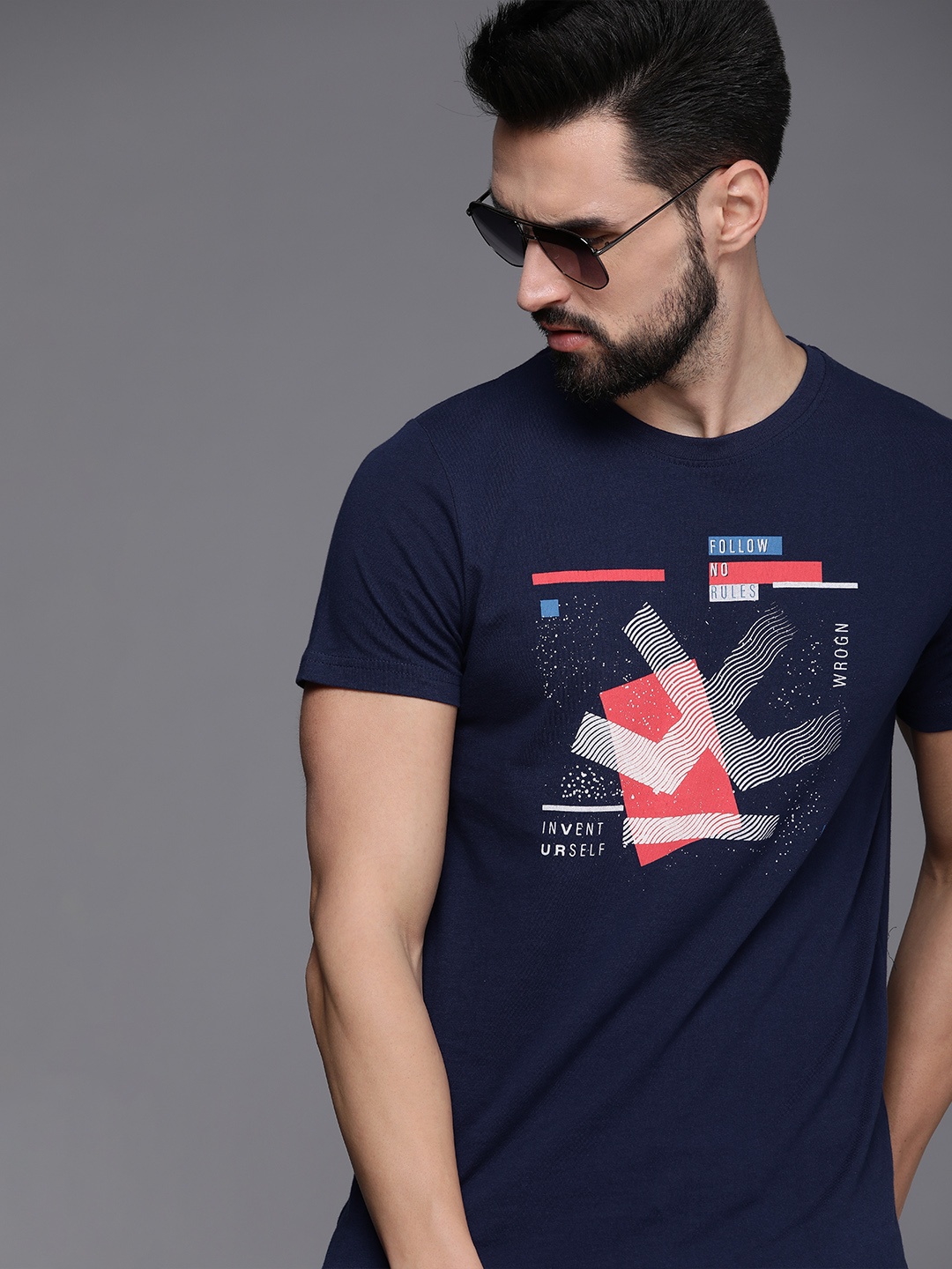

WROGN Men Navy Blue & Multicoloured Printed Slim Fit Pure Cotton Casual T-shirt