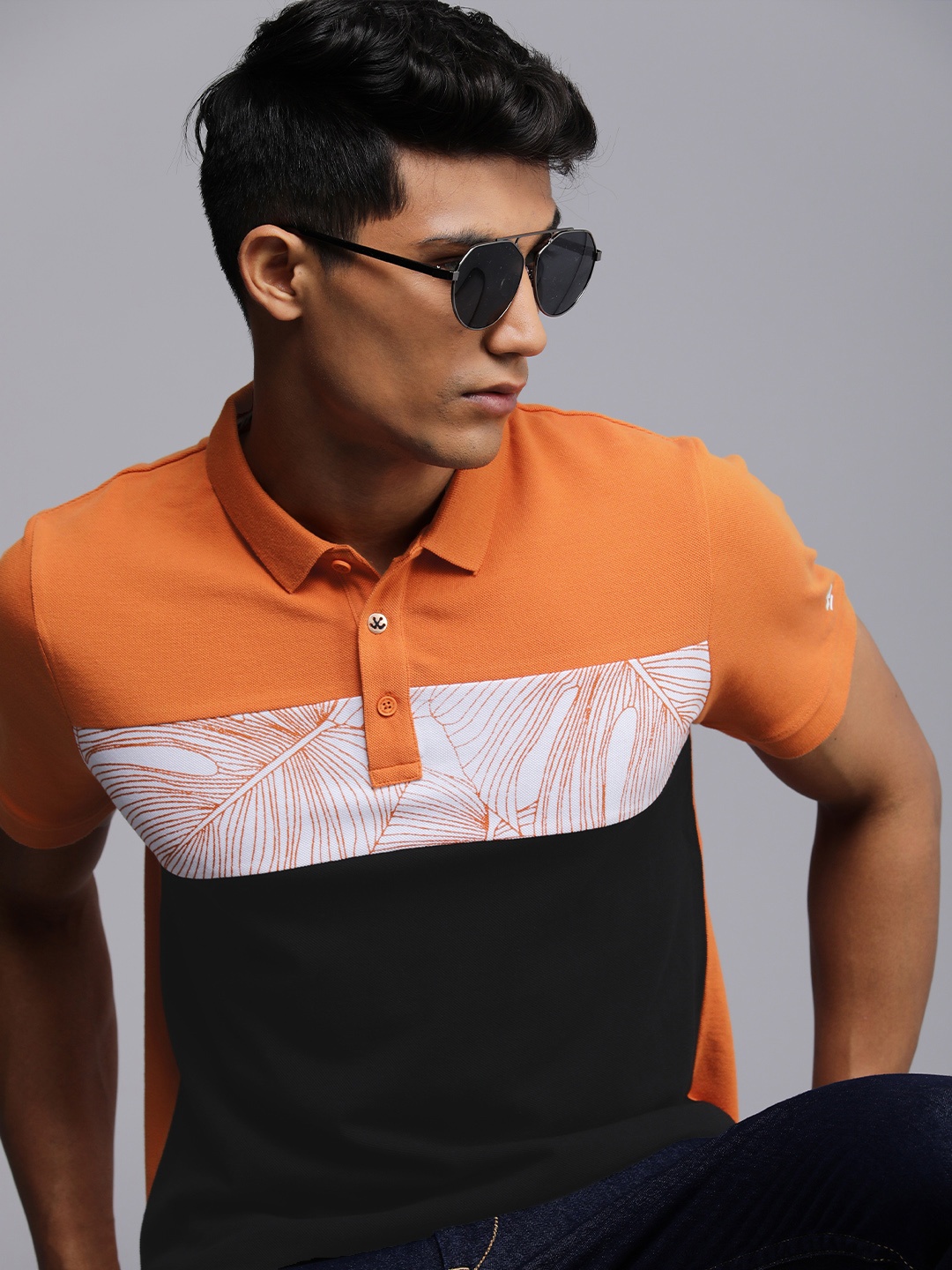 

WROGN Men Black & Orange Colourblocked Pure Cotton T-shirt