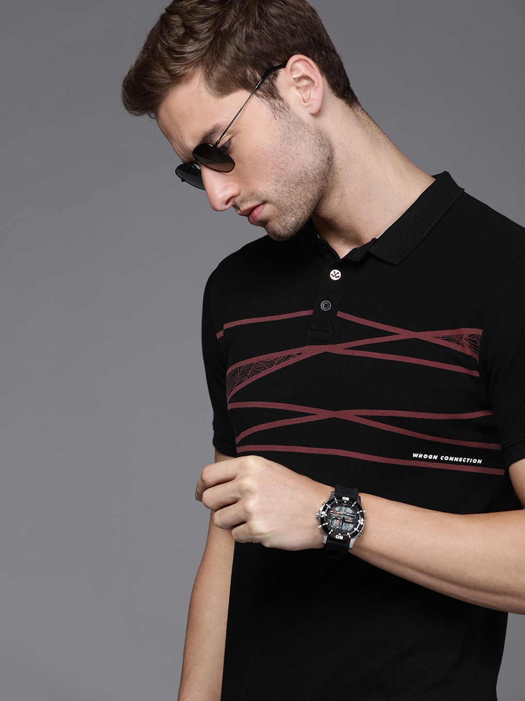 

WROGN Men Black & Maroon Colourblocked Polo Collar Slim Fit T-shirt