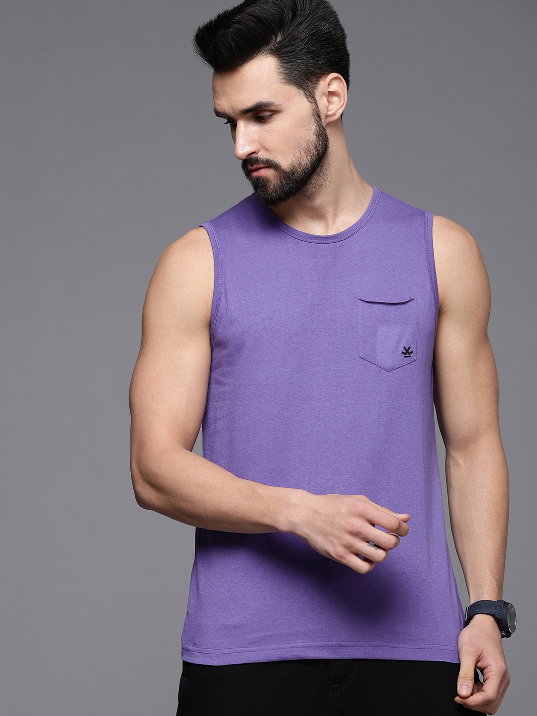 

WROGN Men Purple Solid Sleeveless Casual T-shirt