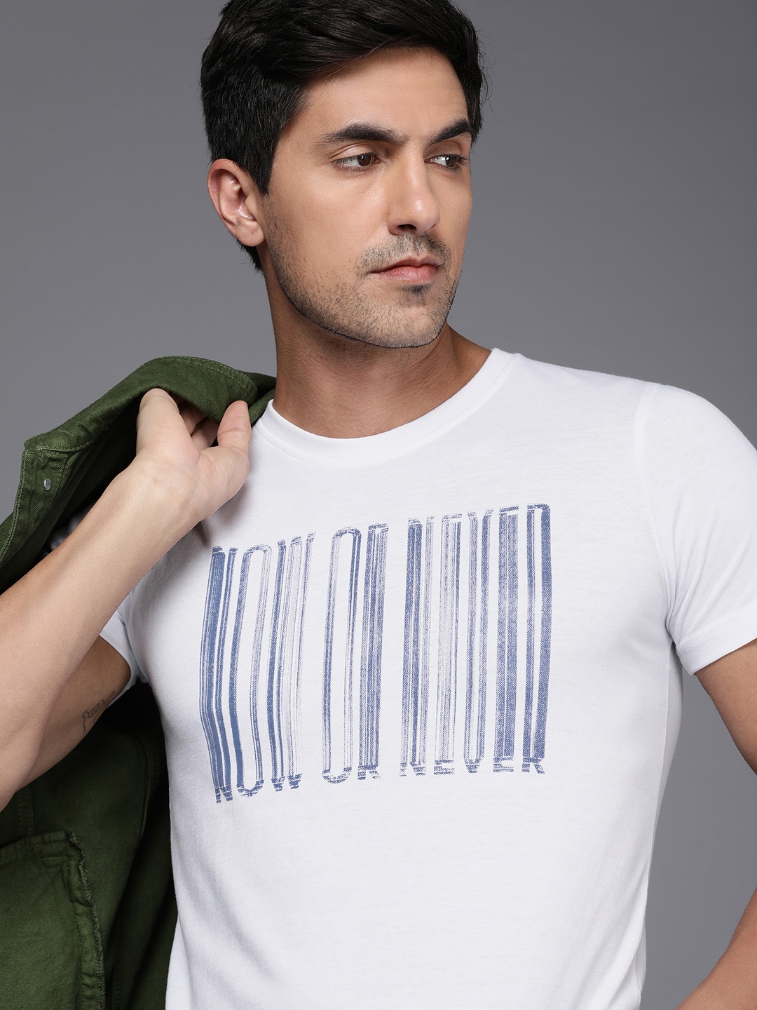 

WROGN Men Abstract Print Round Neck Knitted Slim Fit T-shirt, White