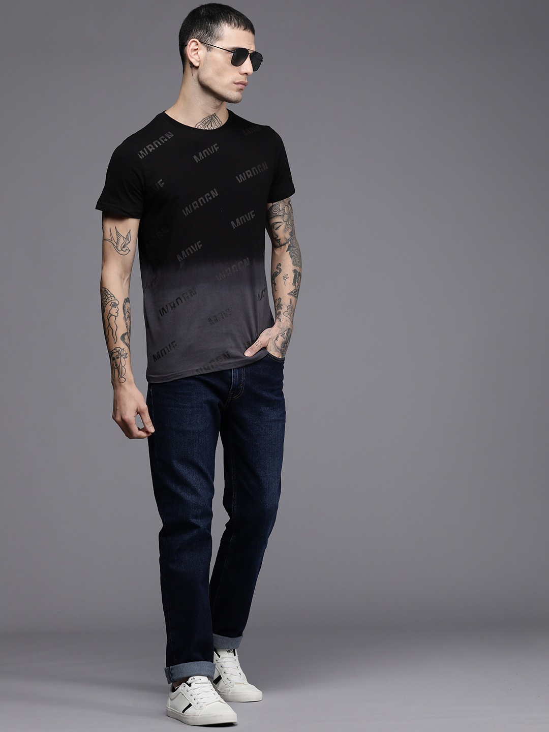 WROGN Men Black & Grey Brand Logo Printed Pure Cotton Slim Fit T-shirt