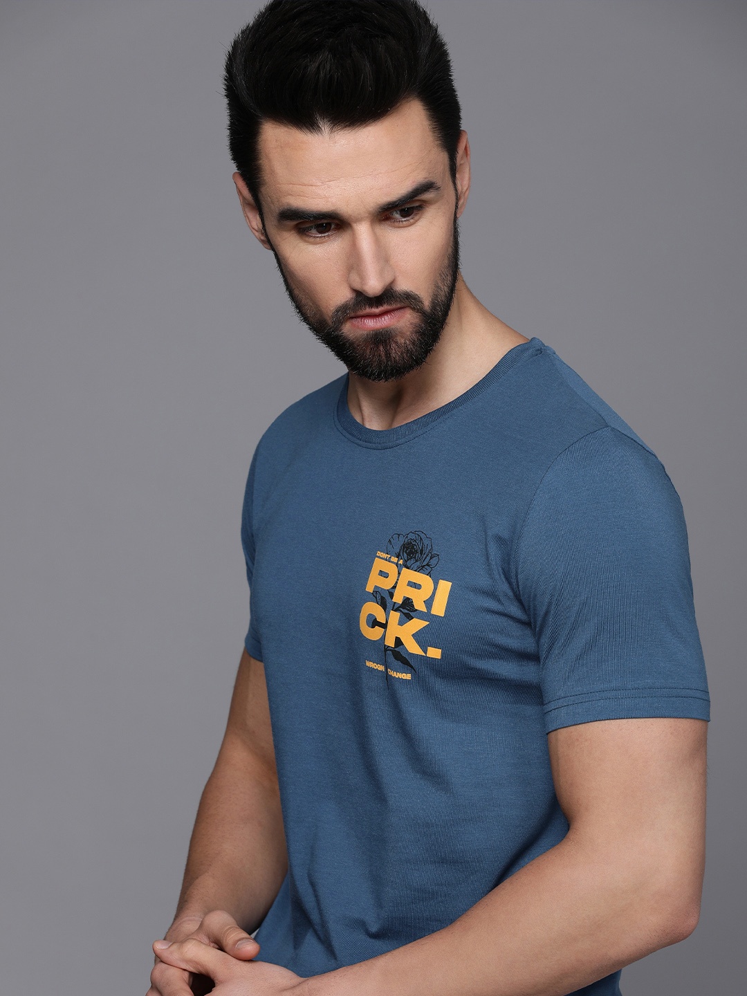 

WROGN Men Navy Blue Typography Printed Slim Fit Pure Cotton T-shirt