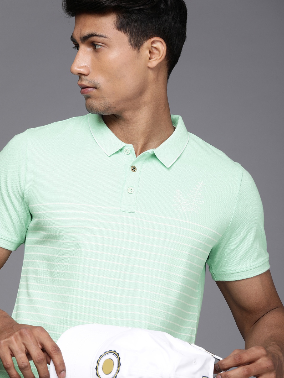 

WROGN Men Green Striped Polo Collar Pure Cotton T-shirt