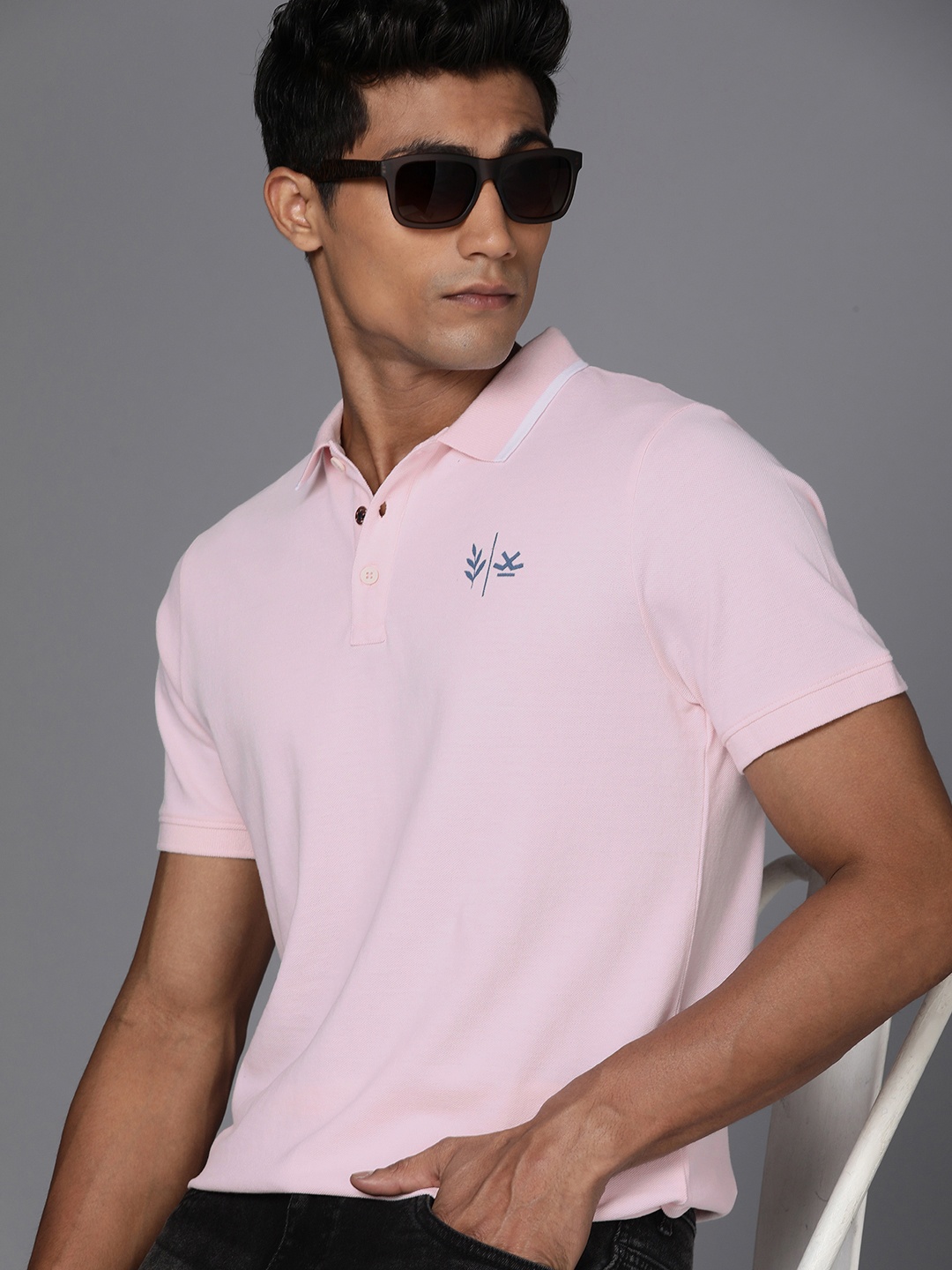 

WROGN Men Pink Brand Logo Polo Collar Pure Cotton T-shirt