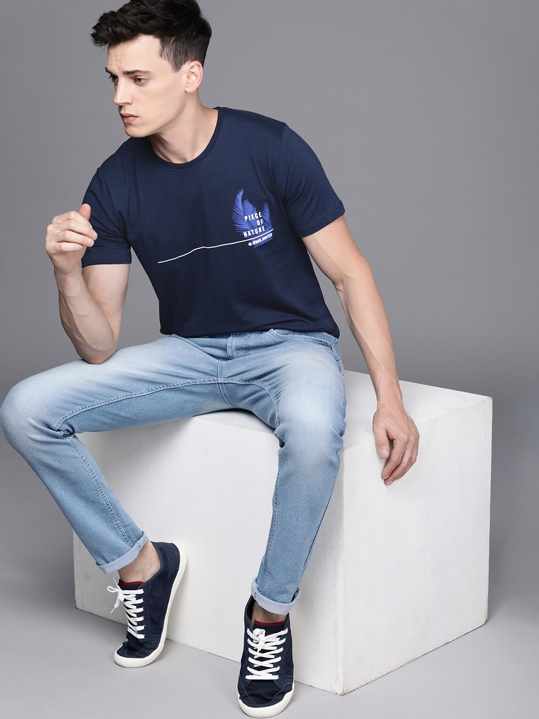 

WROGN Men Navy Blue & White Typography Printed Pure Cotton T-shirt