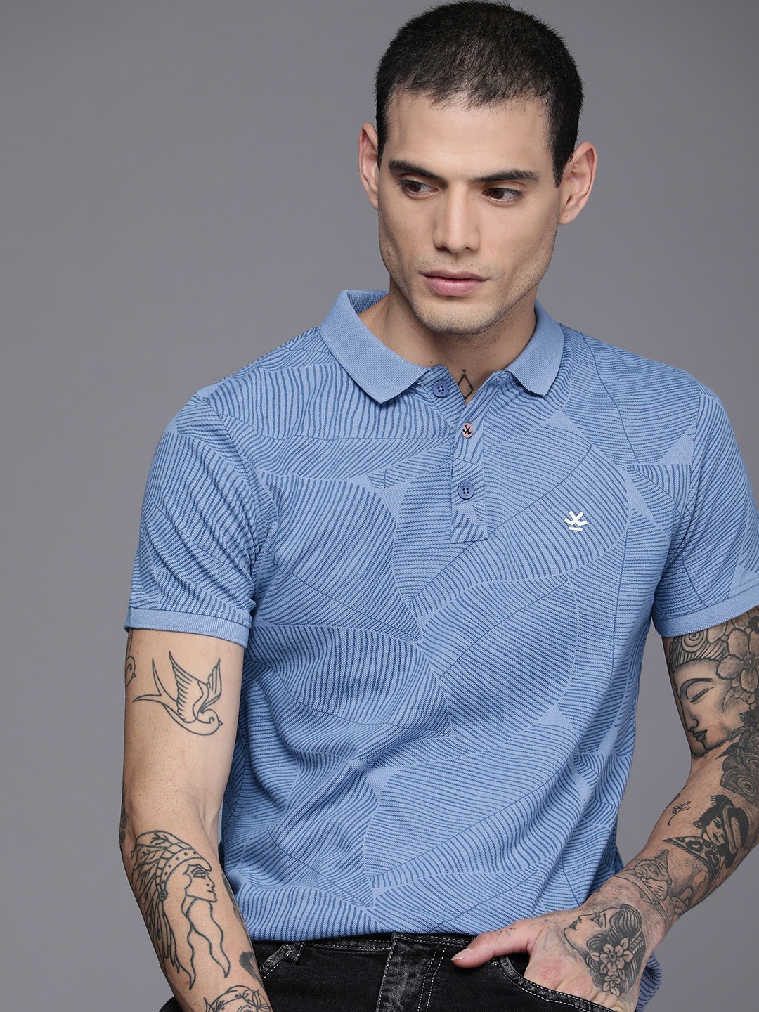 

WROGN Men Blue Printed Polo Collar Pure Cotton Slim Fit T-shirt