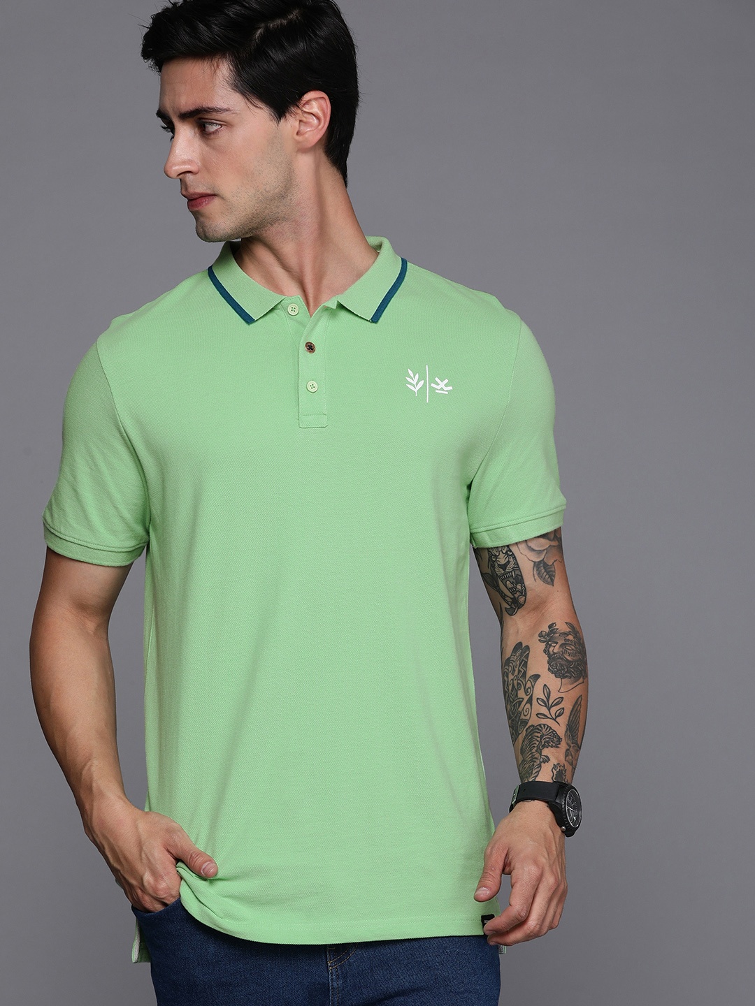 

WROGN Men Polo Collar Pure Cotton Slim Fit T-shirt, Green