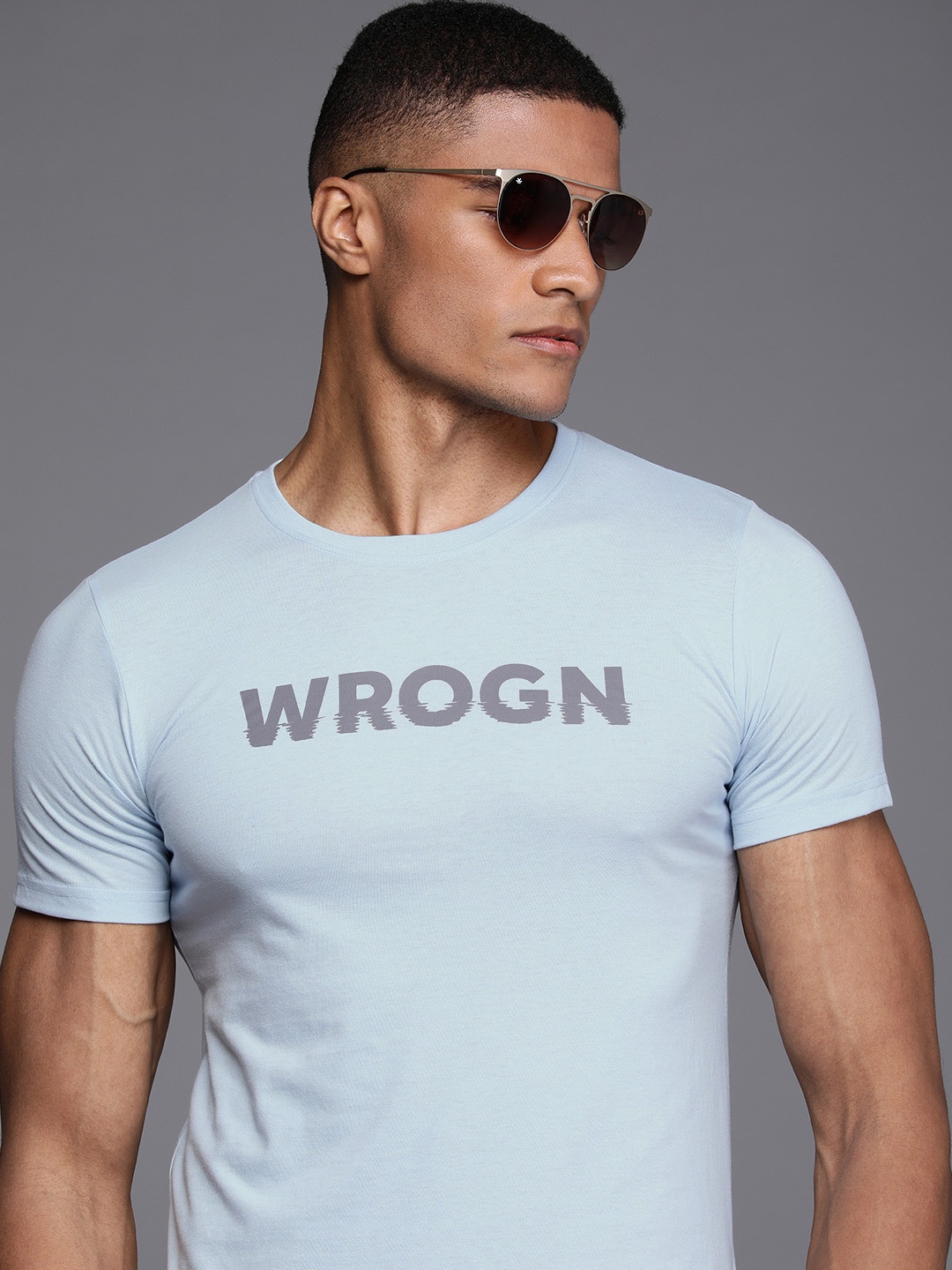 

WROGN Men Blue Brand Logo Printed Slim Fit T-shirt