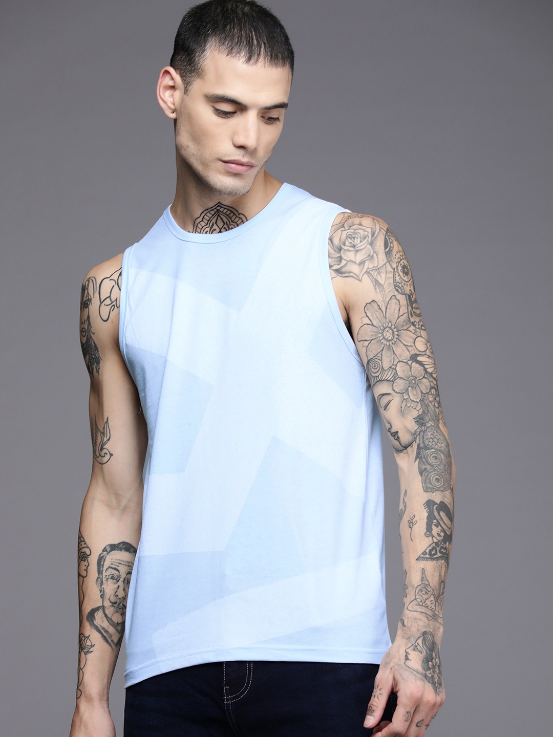 

WROGN Men Blue Brand Logo Printed Slim Fit Sleeveless T-shirt