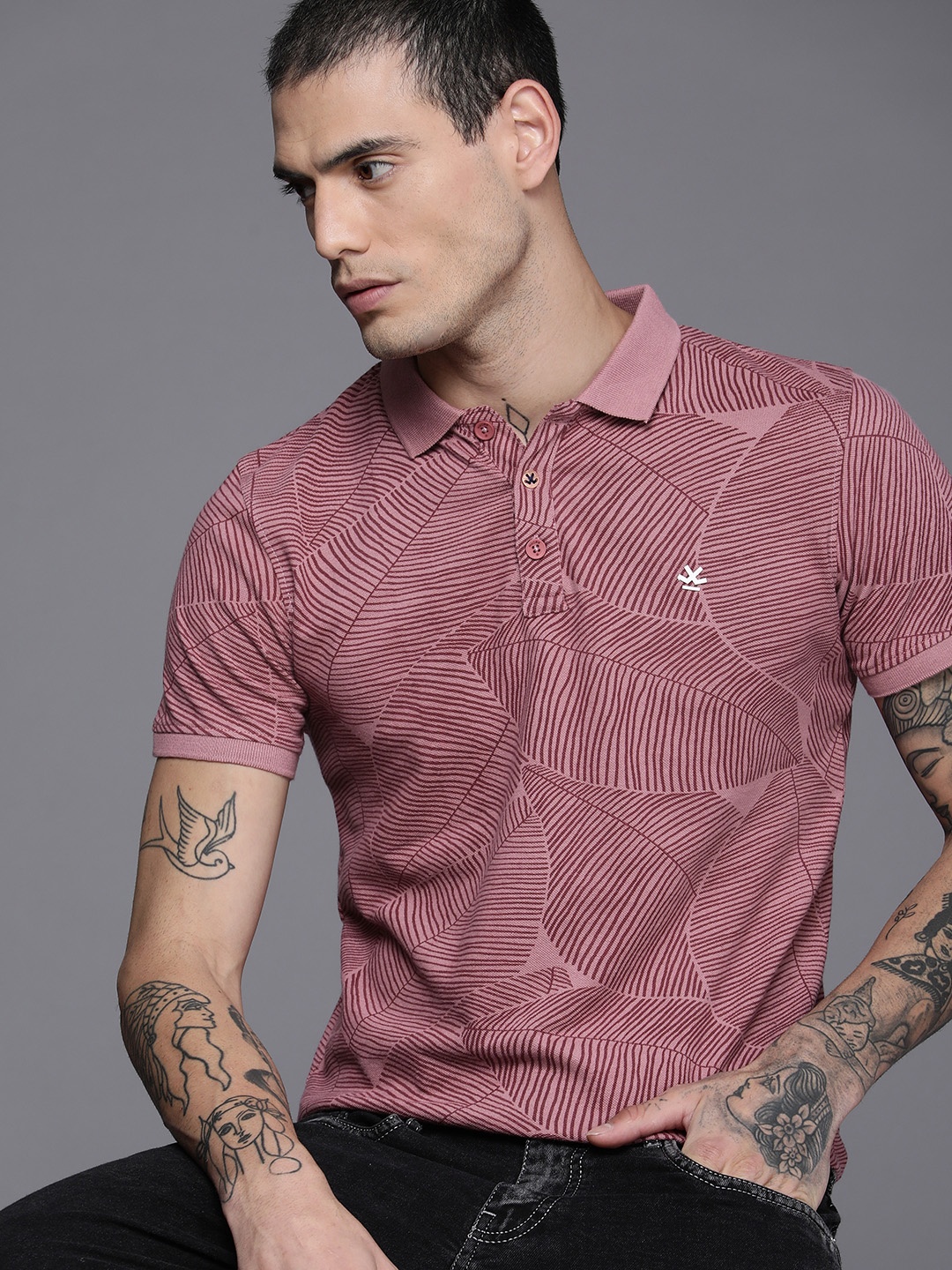 

WROGN Men Rose Printed Polo Collar Pure Cotton Slim Fit T-shirt
