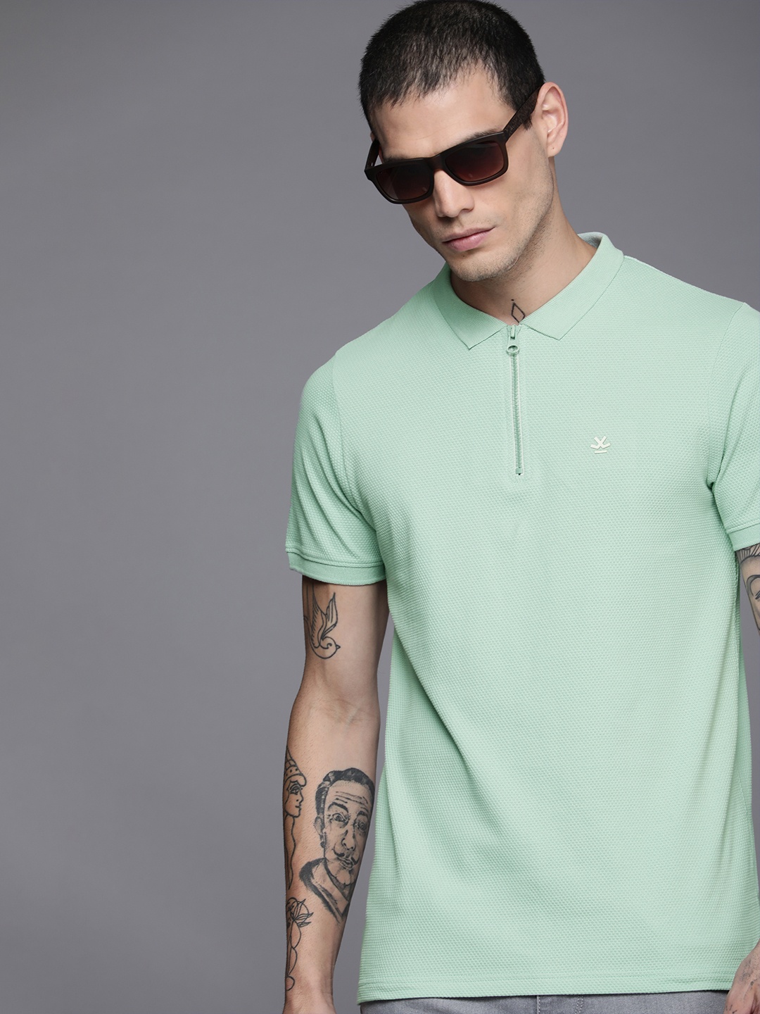 

WROGN Men Sea Green Polo Collar Self Design Polo Collar Slim Fit T-shirt