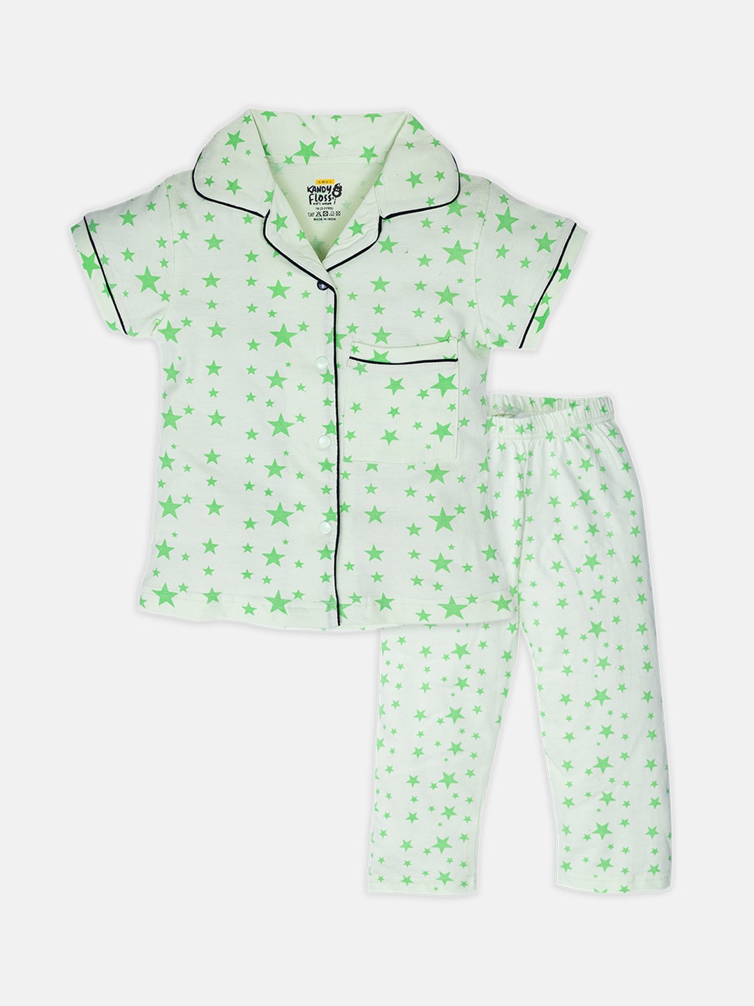 

AMUL Kandyfloss Kids White & Green Printed Night suit