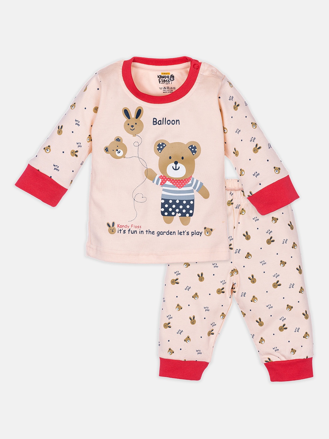 

AMUL Kandyfloss Kids Peach-Coloured & Brown Printed Night suit