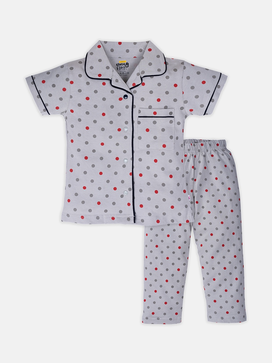 

AMUL Kandyfloss Unisex Kids Grey & Red Polka Dots Printed Cotton Night suit