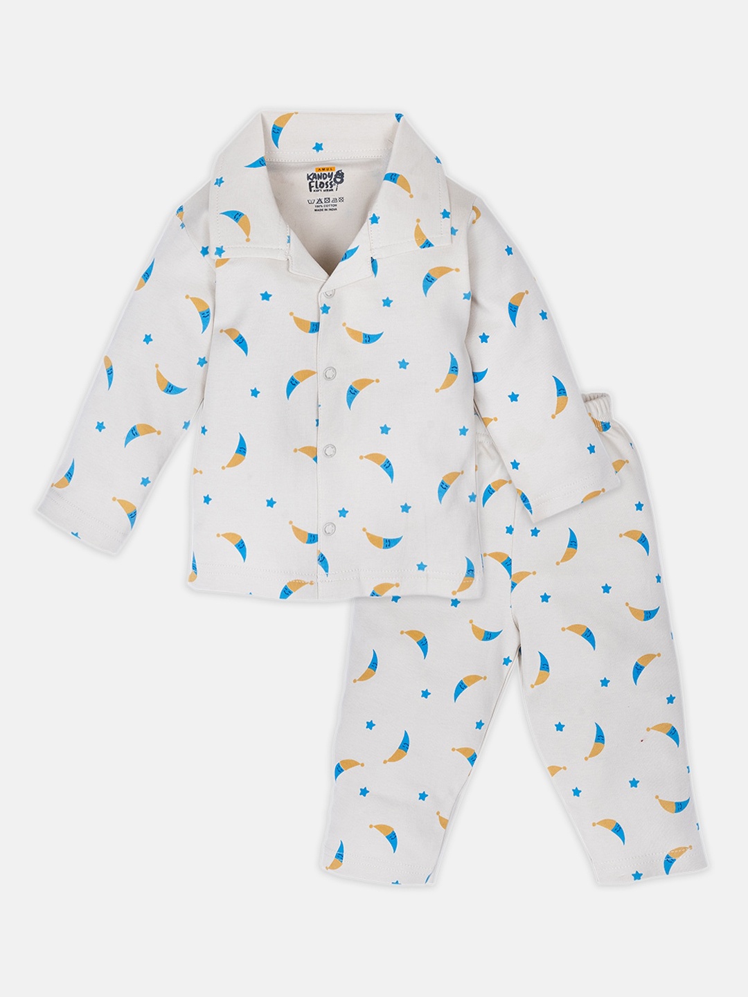 

AMUL Kandyfloss Unisex Kids Cream-Coloured & Blue Printed Pure Cotton Night suit