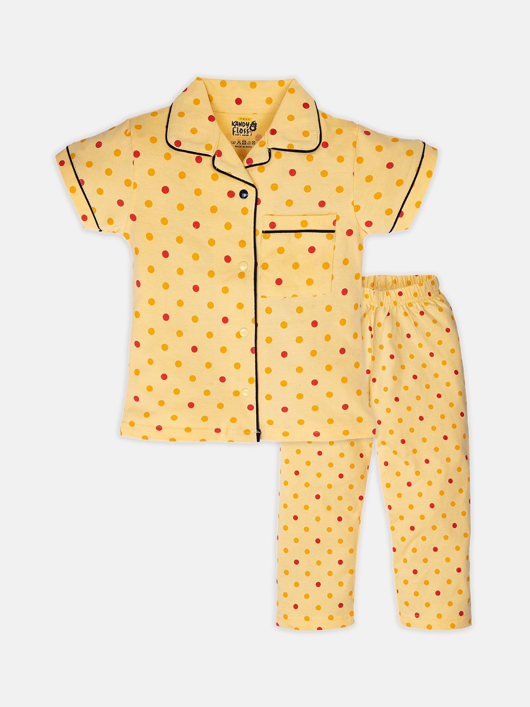 

AMUL Kandyfloss Kids Yellow & Red Polka Dots Printed Night Suit