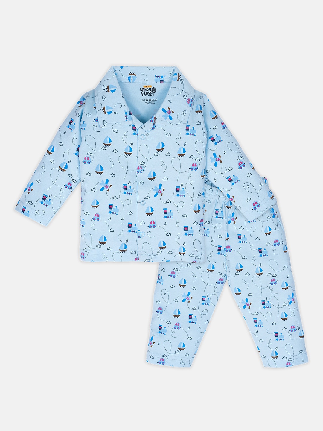 

AMUL Kandyfloss Unisex Kids Blue & Black Printed Cotton Night suit