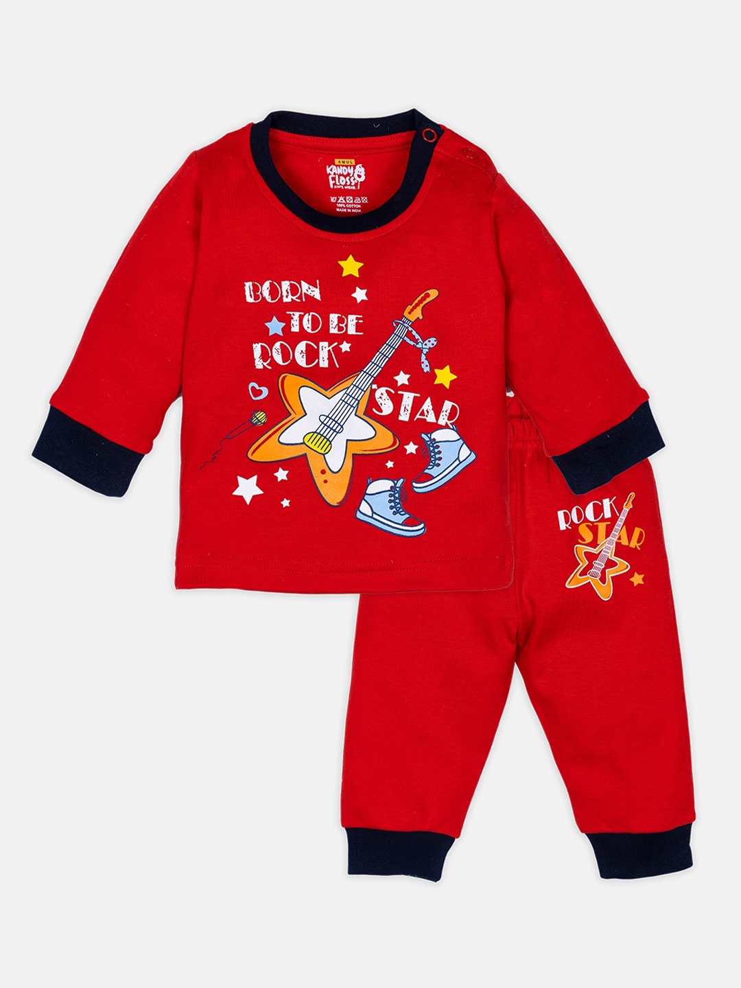

AMUL Kandyfloss Unisex Kids Red & Yellow Printed Pure Cotton Night suit