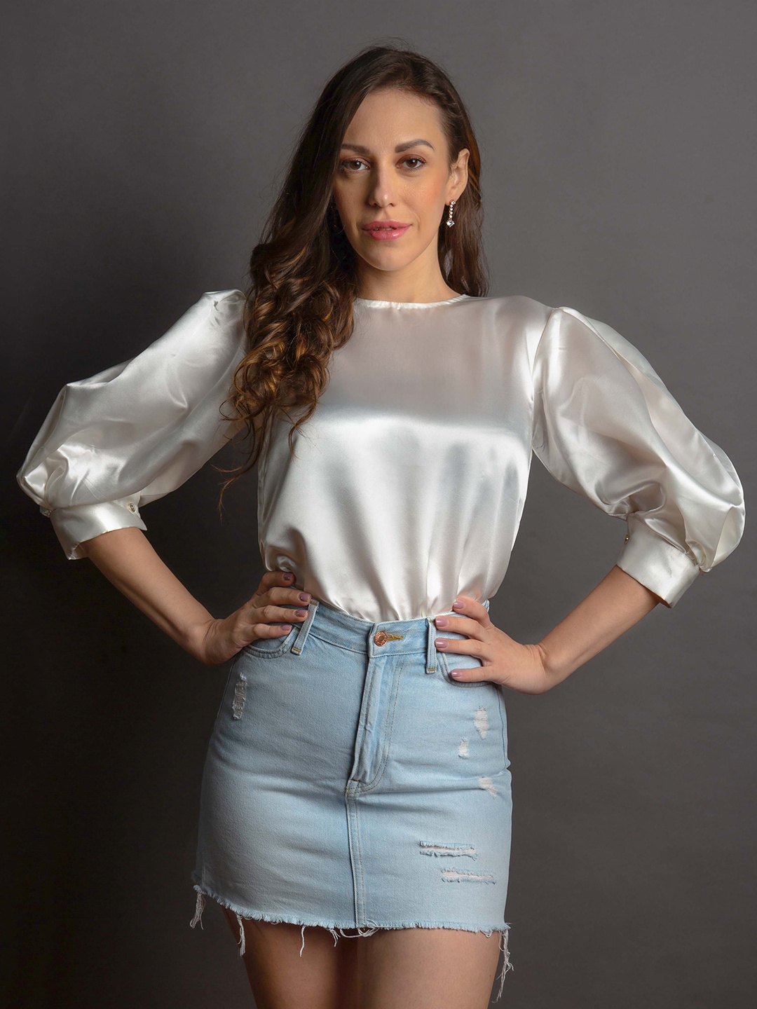 

EMBLAZE White Solid Satin Top With Puff Sleeves