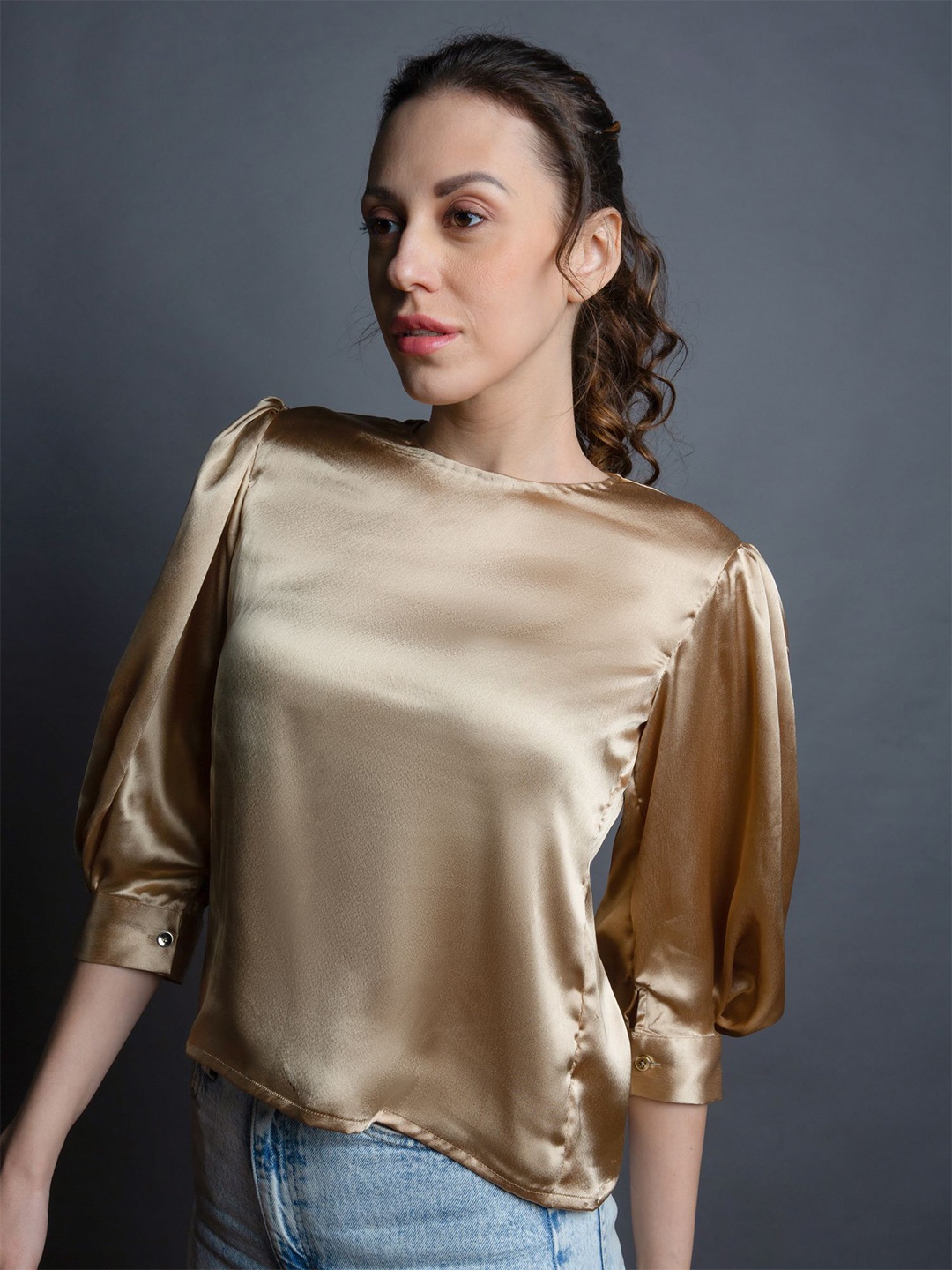 

EMBLAZE Gold-Coloured Puff Sleeves Satin Top
