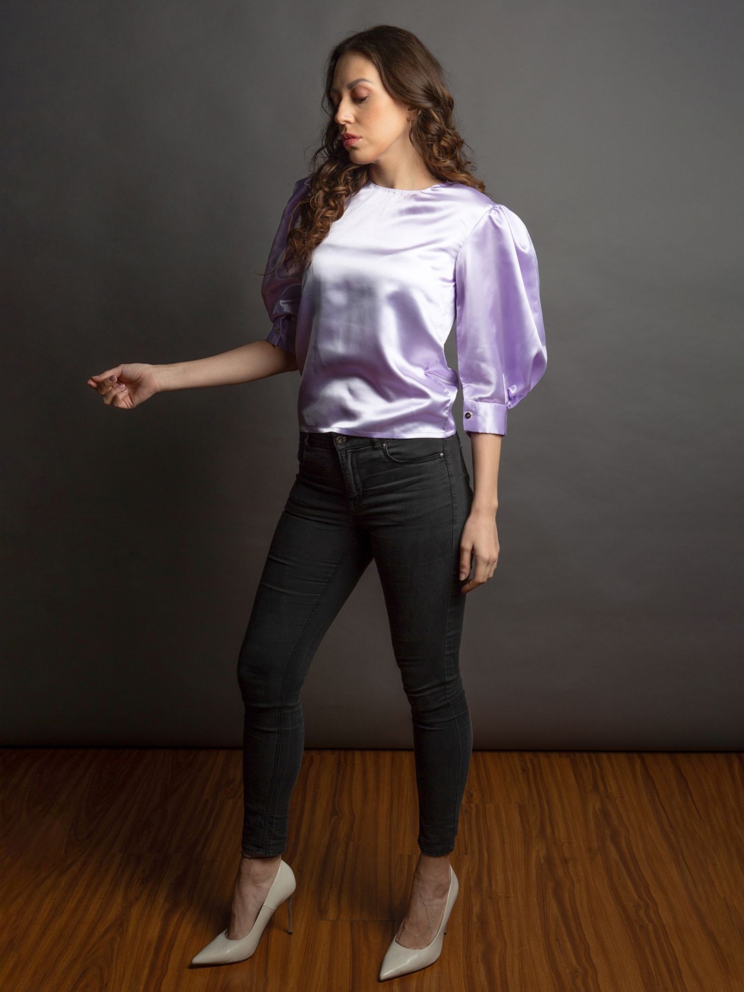 

EMBLAZE Silver-Toned Puff Sleeved Satin Top