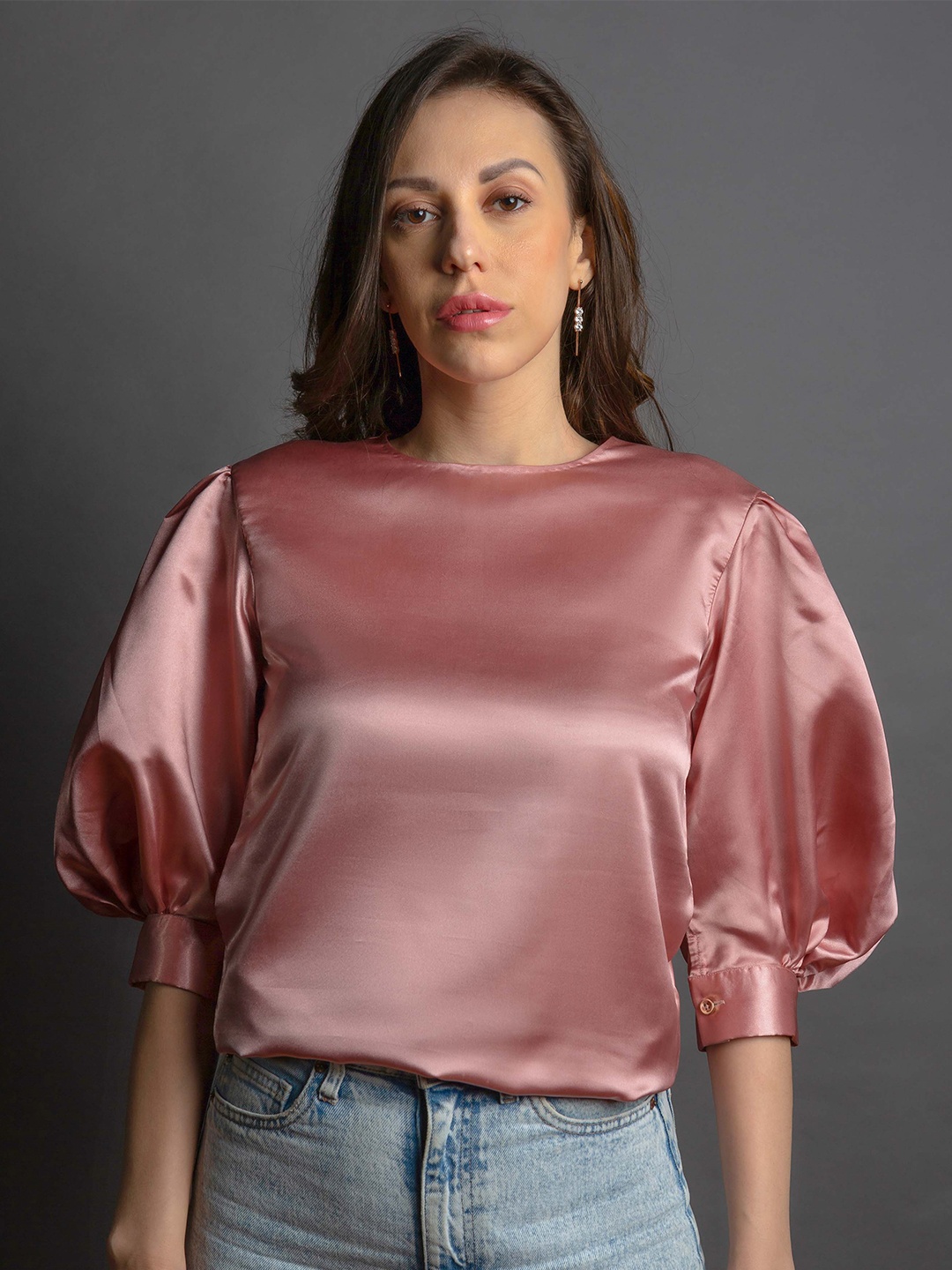 

EMBLAZE Women Pink Satin Puff Sleeves Top
